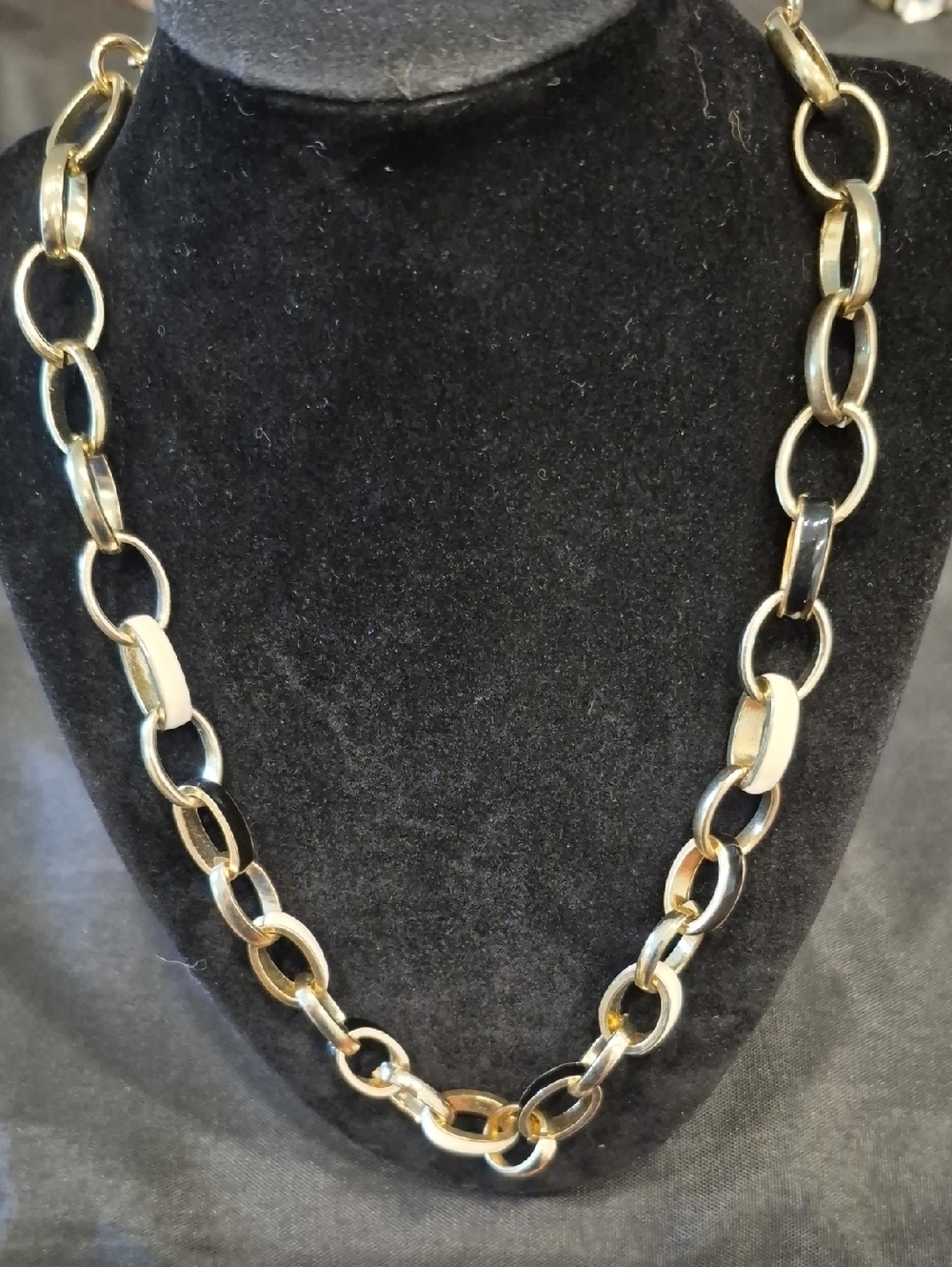 Gold Chain Necklace With Black And Cream Enamel Links